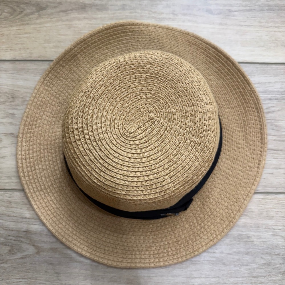 Tommy Bahama Tan Paper Braid Boater Hat Black Band Gold Marlin Pin Large XL - Picture 3 of 7